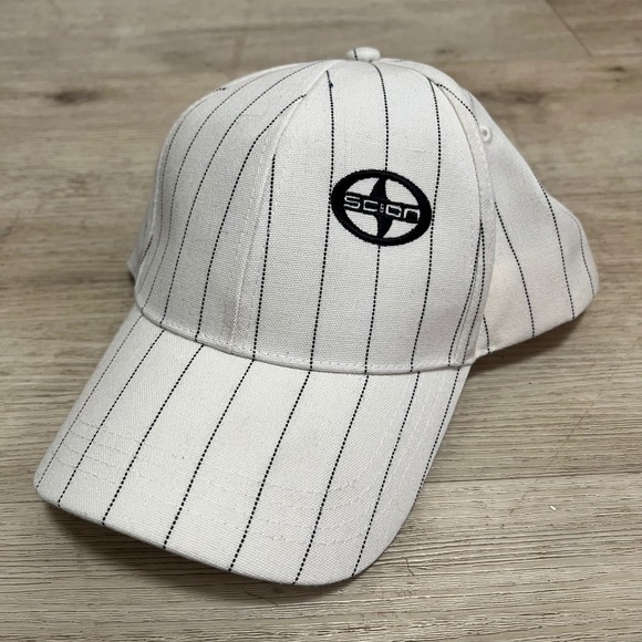 Scion Pinstripe Hat Cap White‎ Embroidered Logo Automotive Car Toyota Vtg - Picture 1 of 7